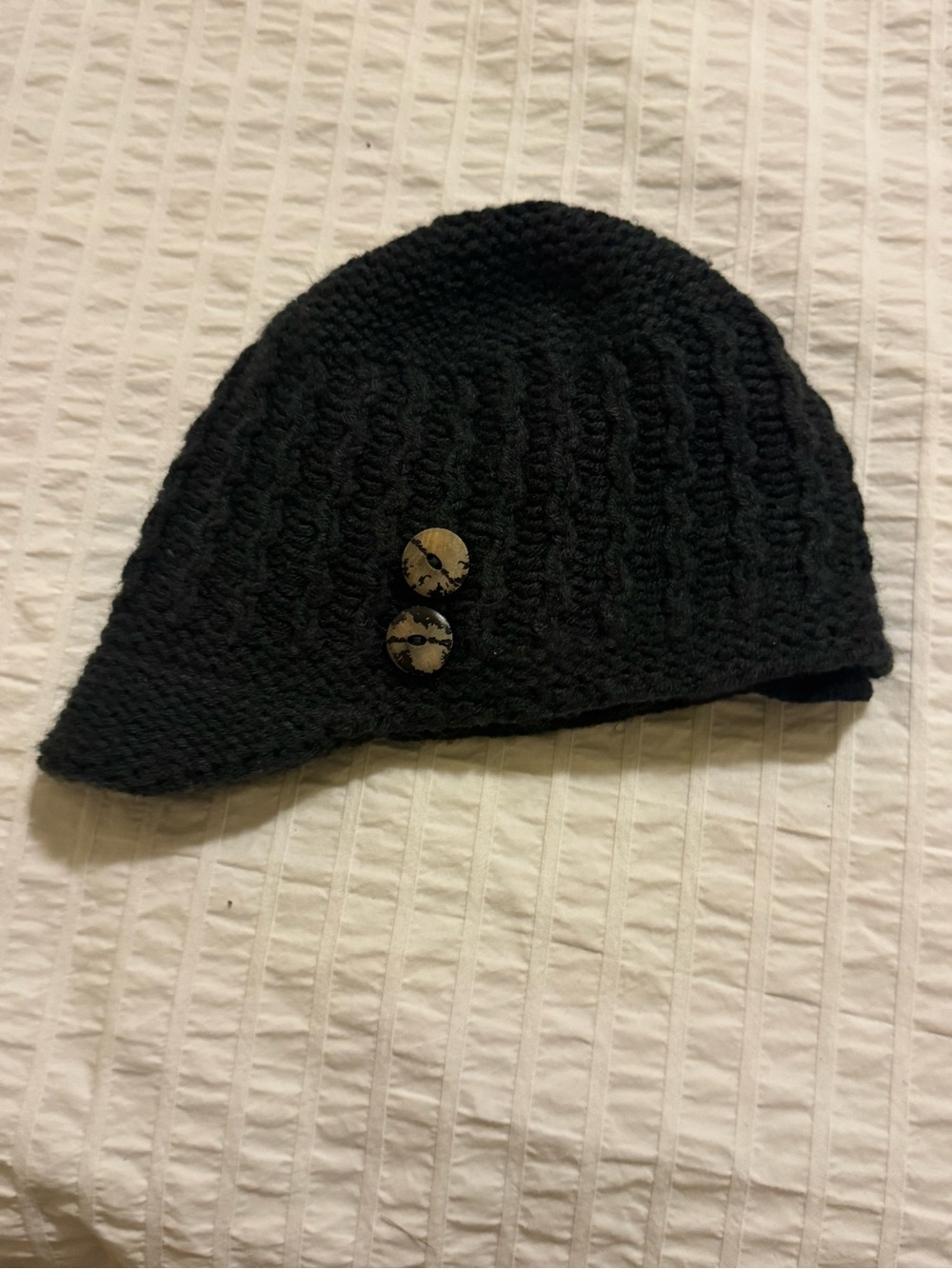 Eddie Bauer Black Knit Visor Beanie with Decorative Buttons